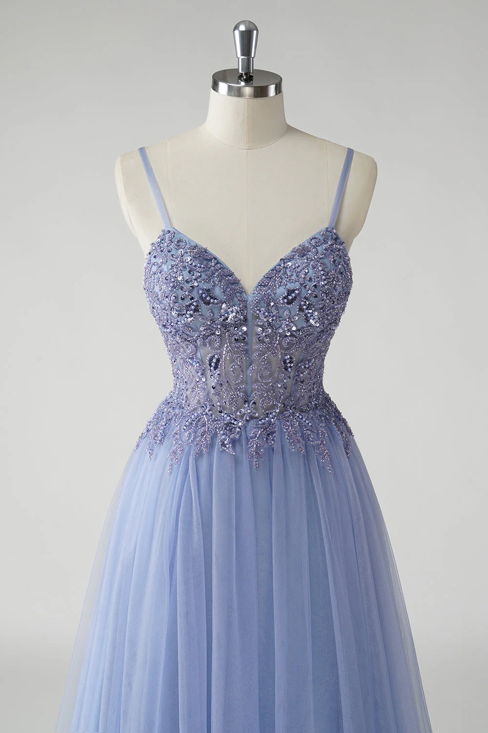 Sparkly Grey Blue A Line Tulle Prom Dress with Slit - Image 4