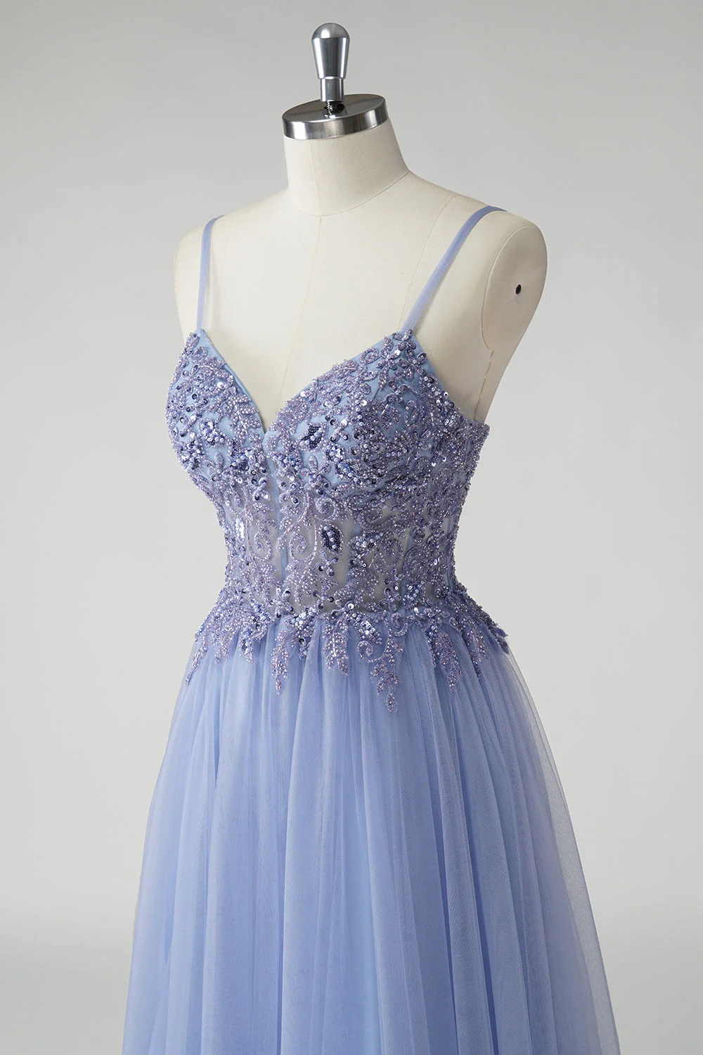 Sparkly Grey Blue A Line Tulle Prom Dress with Slit - Image 5