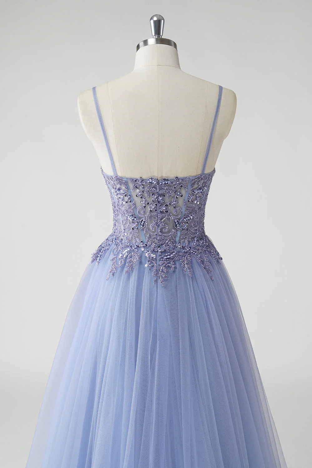 Sparkly Grey Blue A Line Tulle Prom Dress with Slit - Image 6