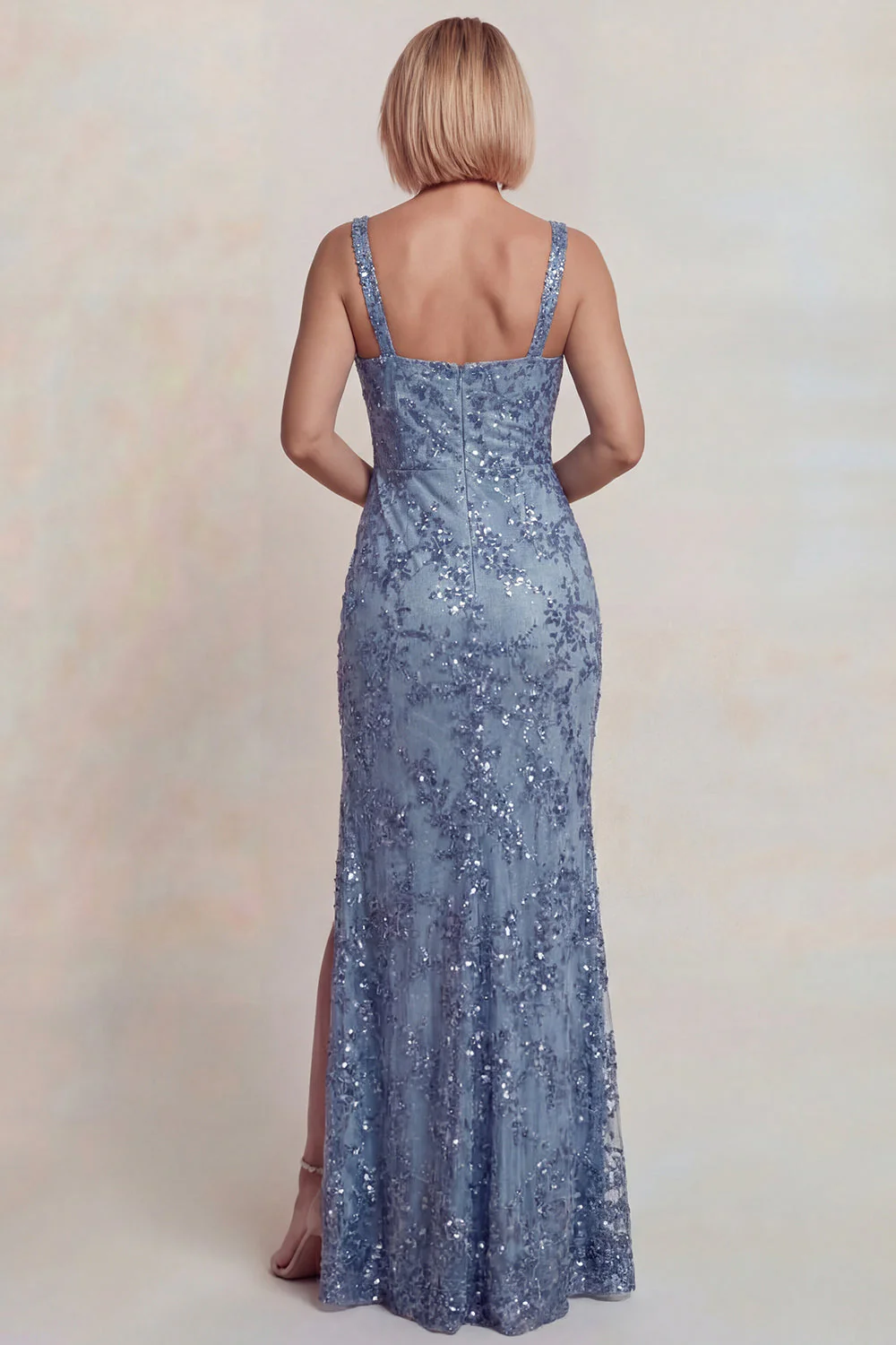 Sparkly Grey Blue Appliqued Spaghetti Straps Sheath Mother of the Bride Dress with Slit - Image 2