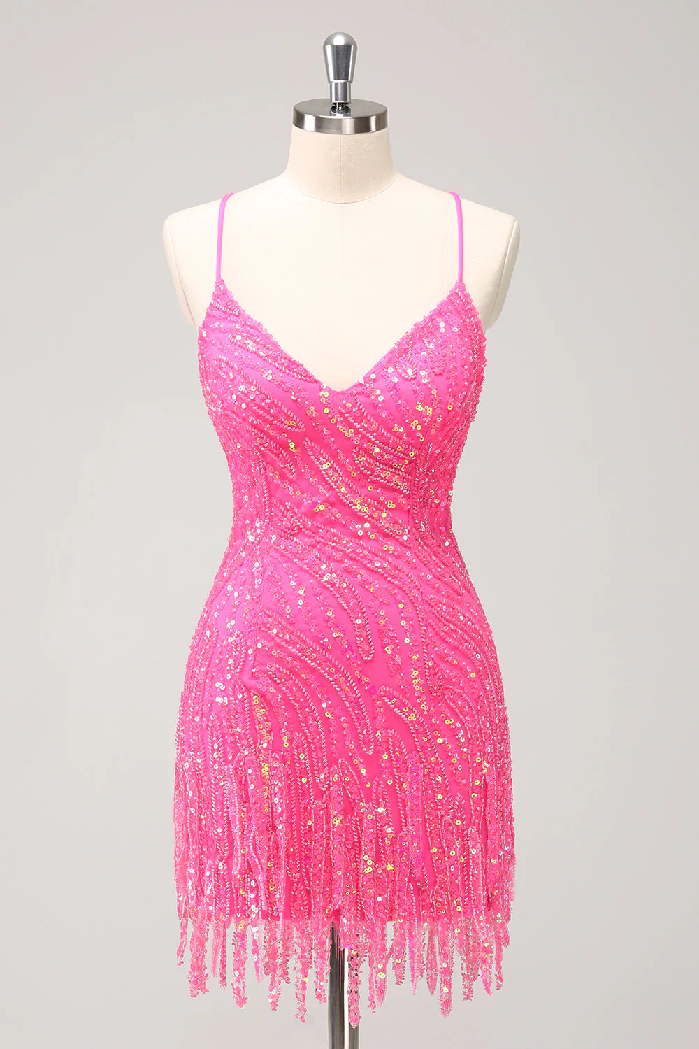Sparkly Hot Pink Sequins V Neck Tight Graduation Dress with Fringes - Image 3