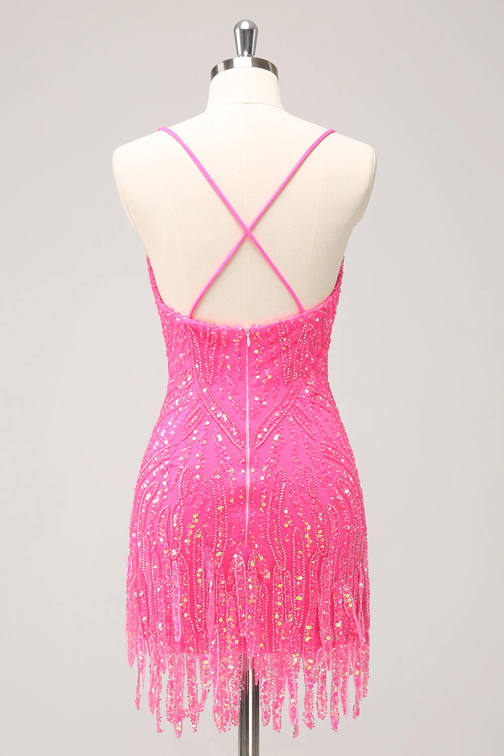 Sparkly Hot Pink Tight Sequins V Neck Graduation Dress with Fringes - Image 2