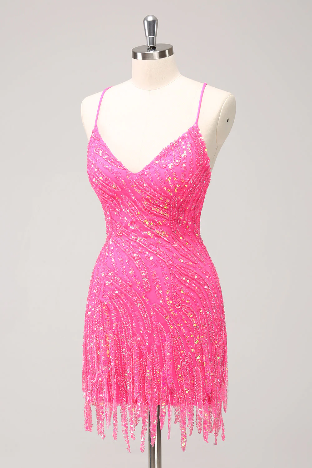 Sparkly Hot Pink Tight Sequins V Neck Graduation Dress with Fringes - Image 3