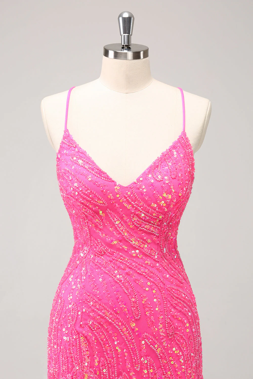 Sparkly Hot Pink Tight Sequins V Neck Graduation Dress with Fringes - Image 4