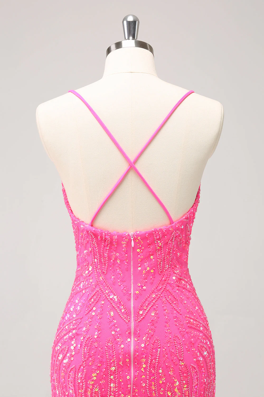 Sparkly Hot Pink Tight Sequins V Neck Graduation Dress with Fringes - Image 5