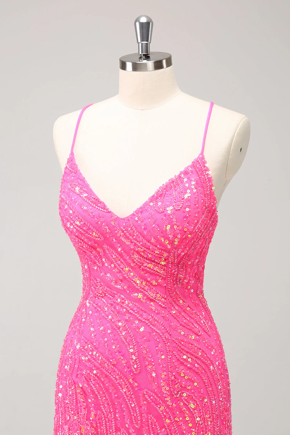 Sparkly Hot Pink Tight Sequins V Neck Graduation Dress with Fringes - Image 6