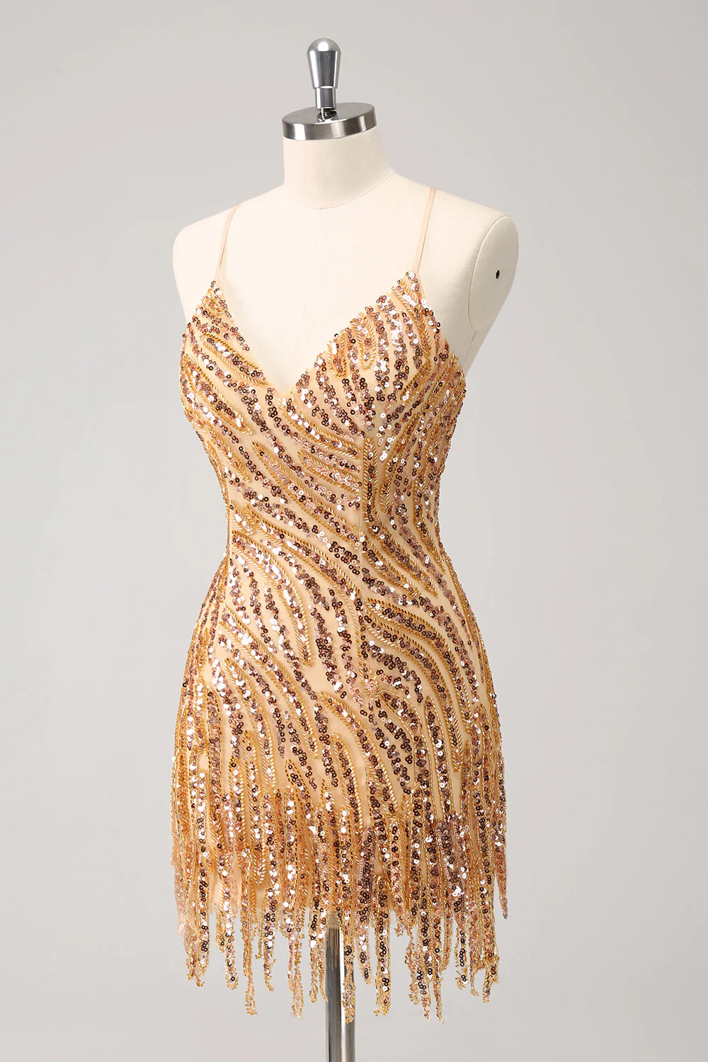 Sparkly Hot Pink Tight Sequins V Neck Graduation Dress with Fringes - Image 9