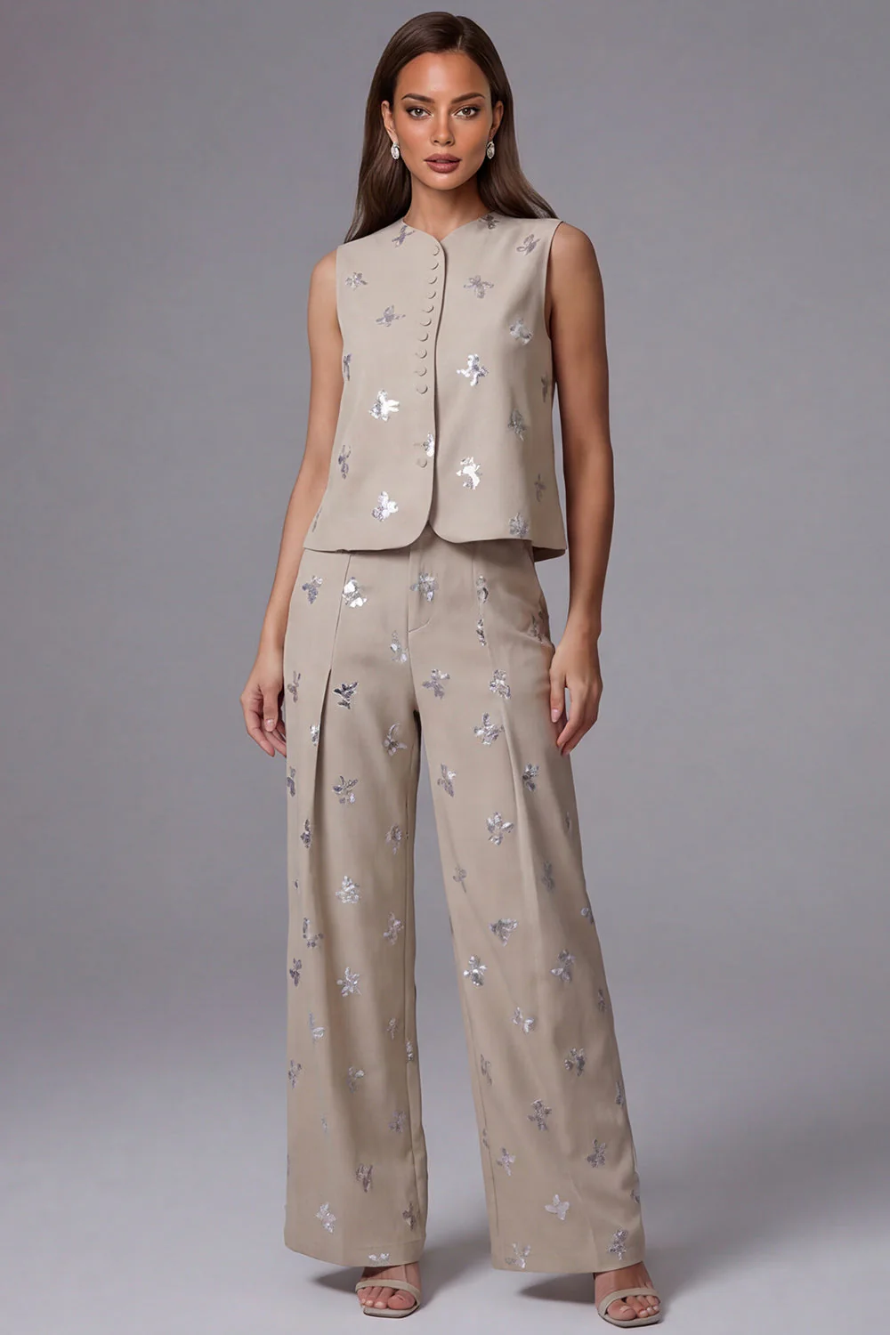Sparkly Khaki Single Breasted 2 Piece Work Suits