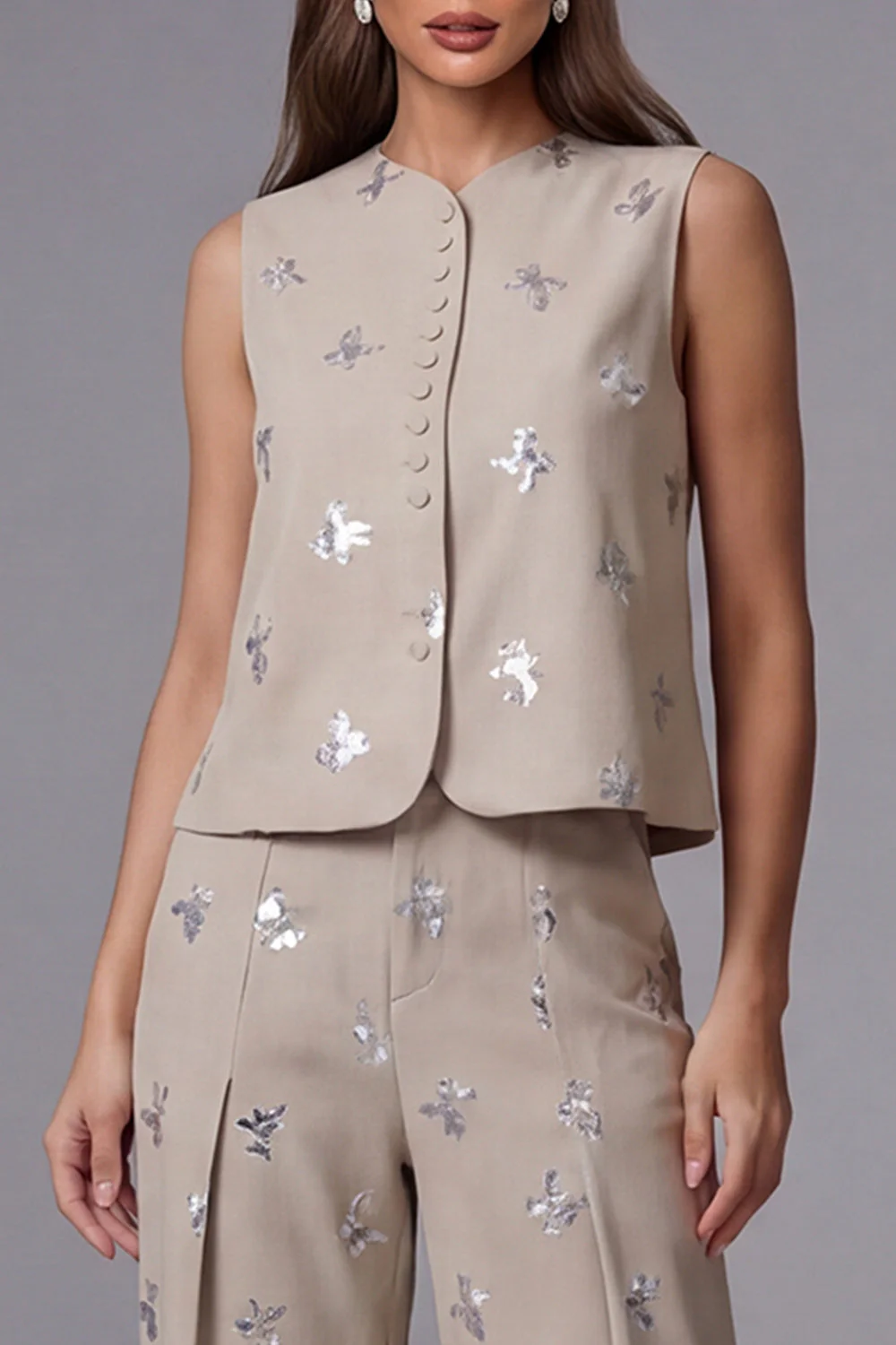 Sparkly Khaki Single Breasted 2 Piece Work Suits - Image 3