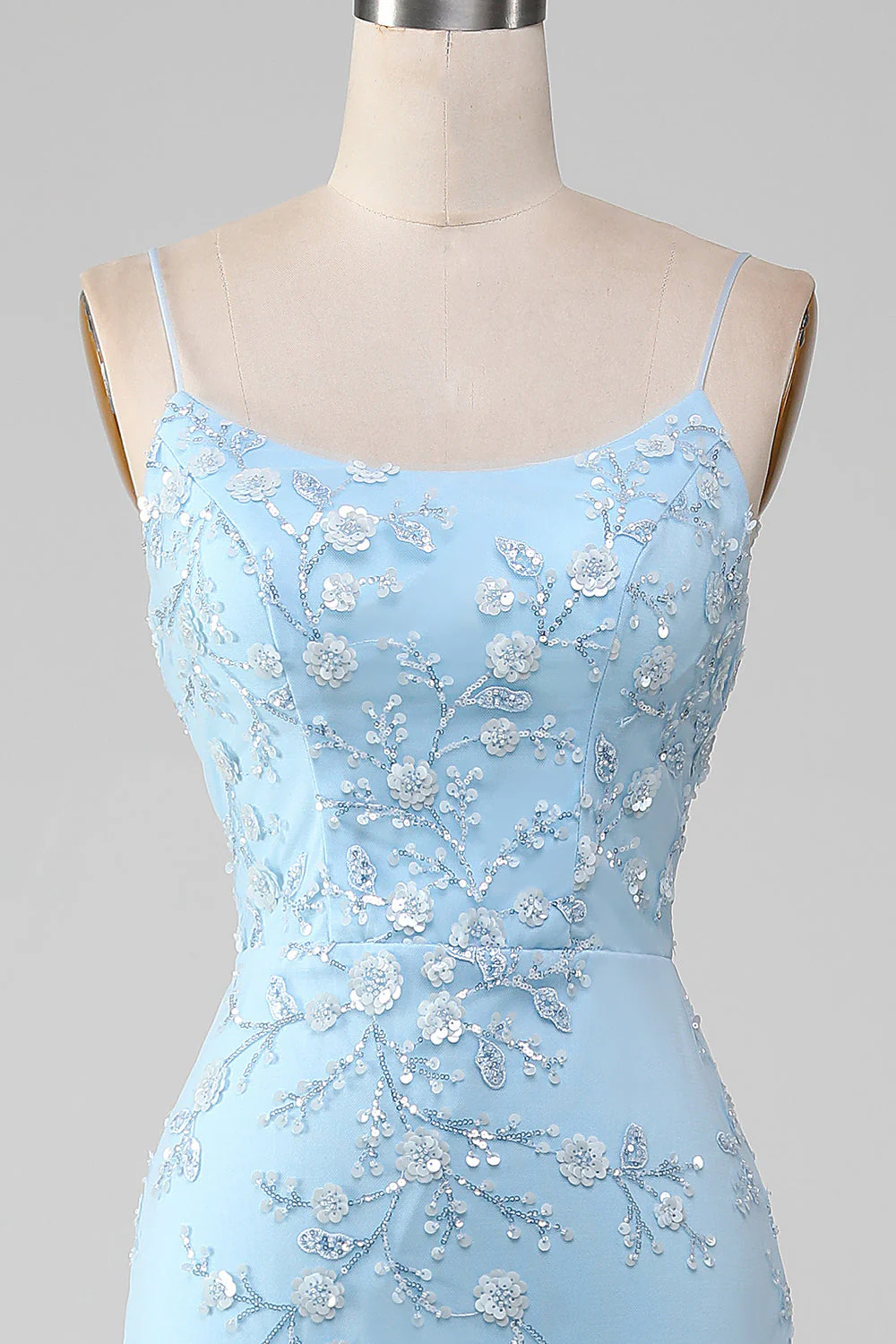 Sparkly Light Blue Beaded Mermaid Long Prom Dress - Image 6