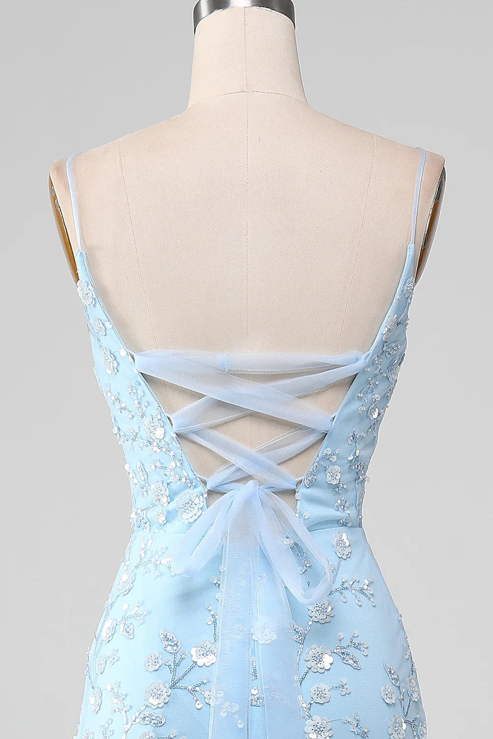Sparkly Light Blue Beaded Mermaid Long Prom Dress - Image 7