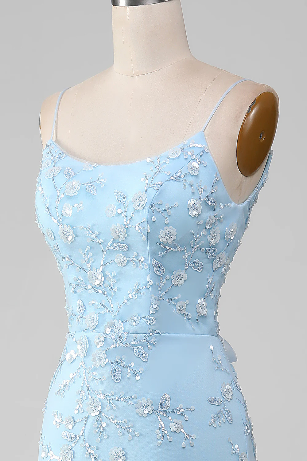 Sparkly Light Blue Beaded Mermaid Long Prom Dress - Image 8
