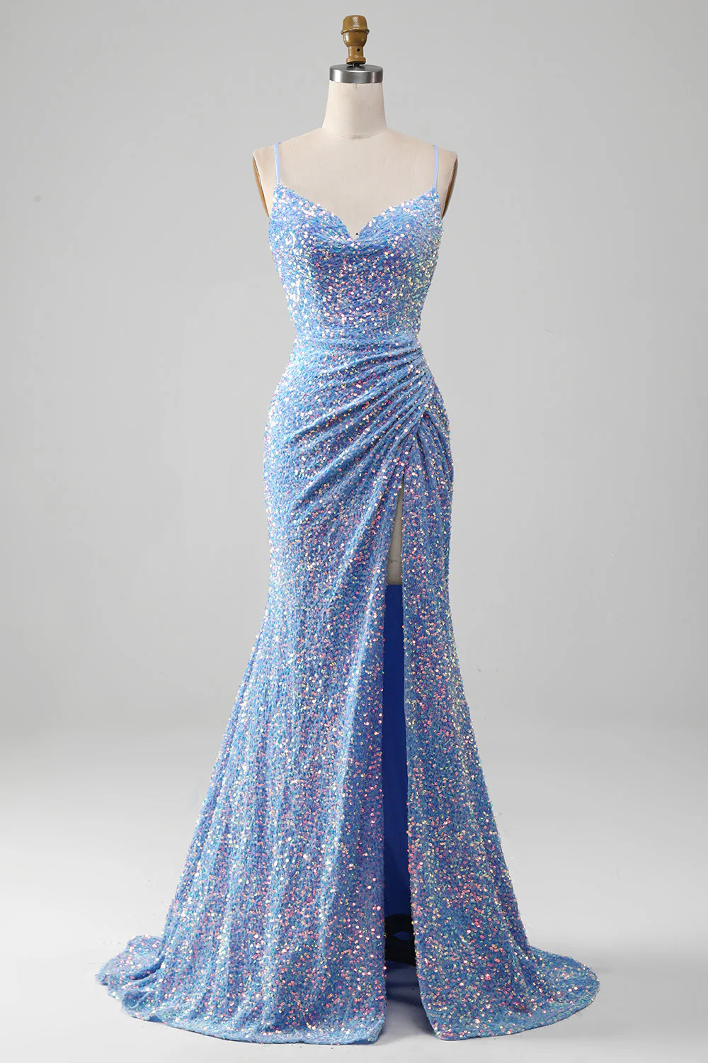 Sparkly Light Blue Mermaid Sequins Prom Dress with Slit - Image 3