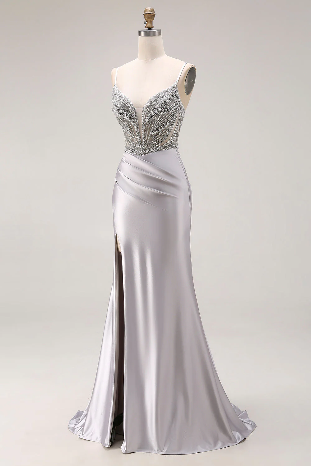 Sparkly Light Grey Mermaid Beaded Long Prom Dress with Slit - Image 3