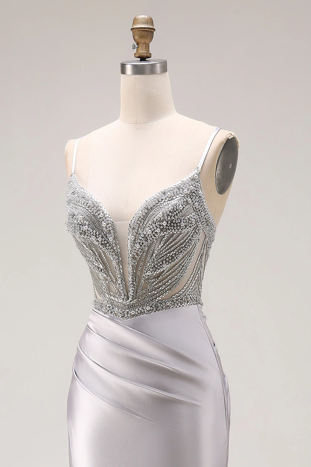 Sparkly Light Grey Mermaid Beaded Long Prom Dress with Slit - Image 6