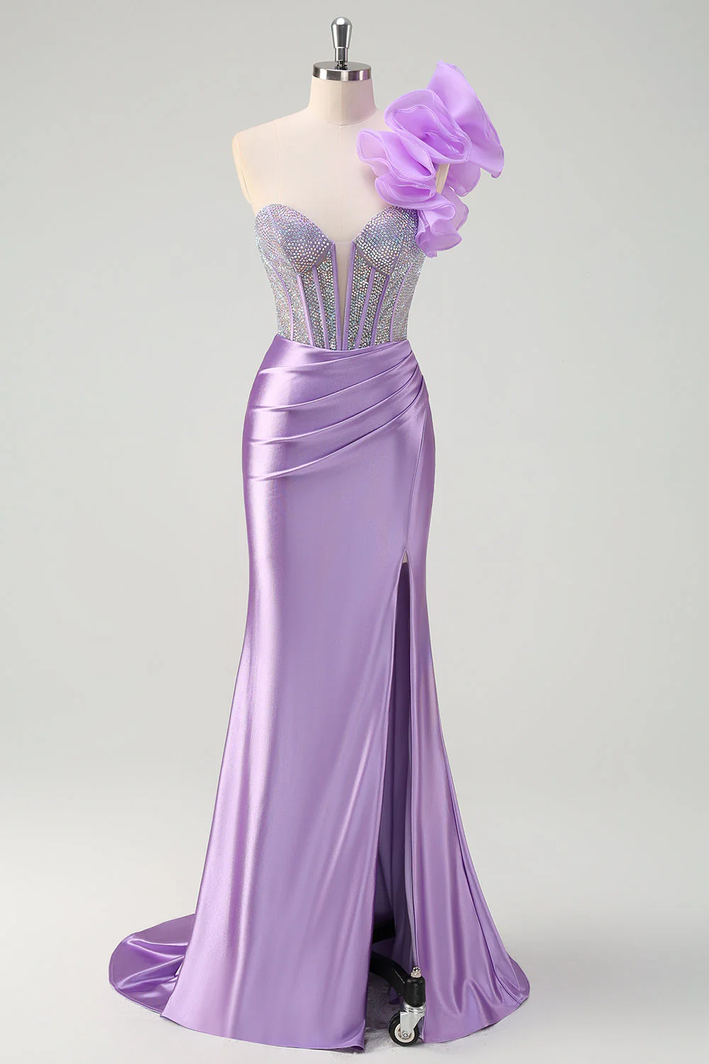Lilac Mermaid Beaded Corset One Shoulder Long Prom Dress - Image 9