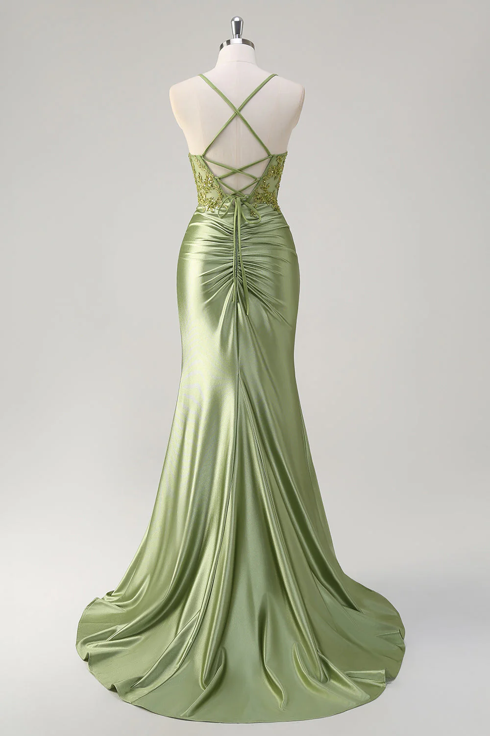 Mermaid Army Green Corset Lace Up Back Long Prom Dress with Slit - Image 10