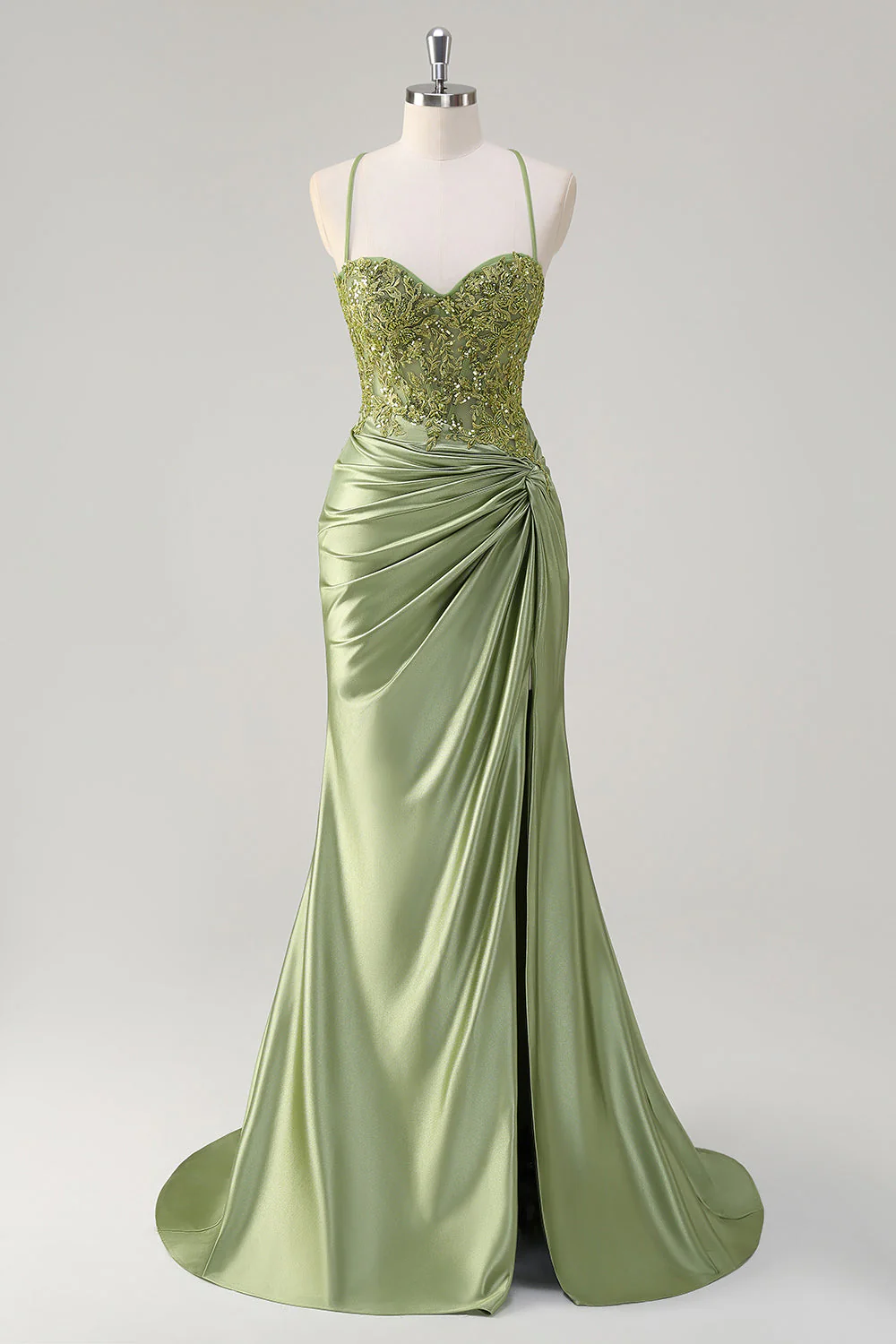 Mermaid Army Green Corset Lace Up Back Long Prom Dress with Slit - Image 9
