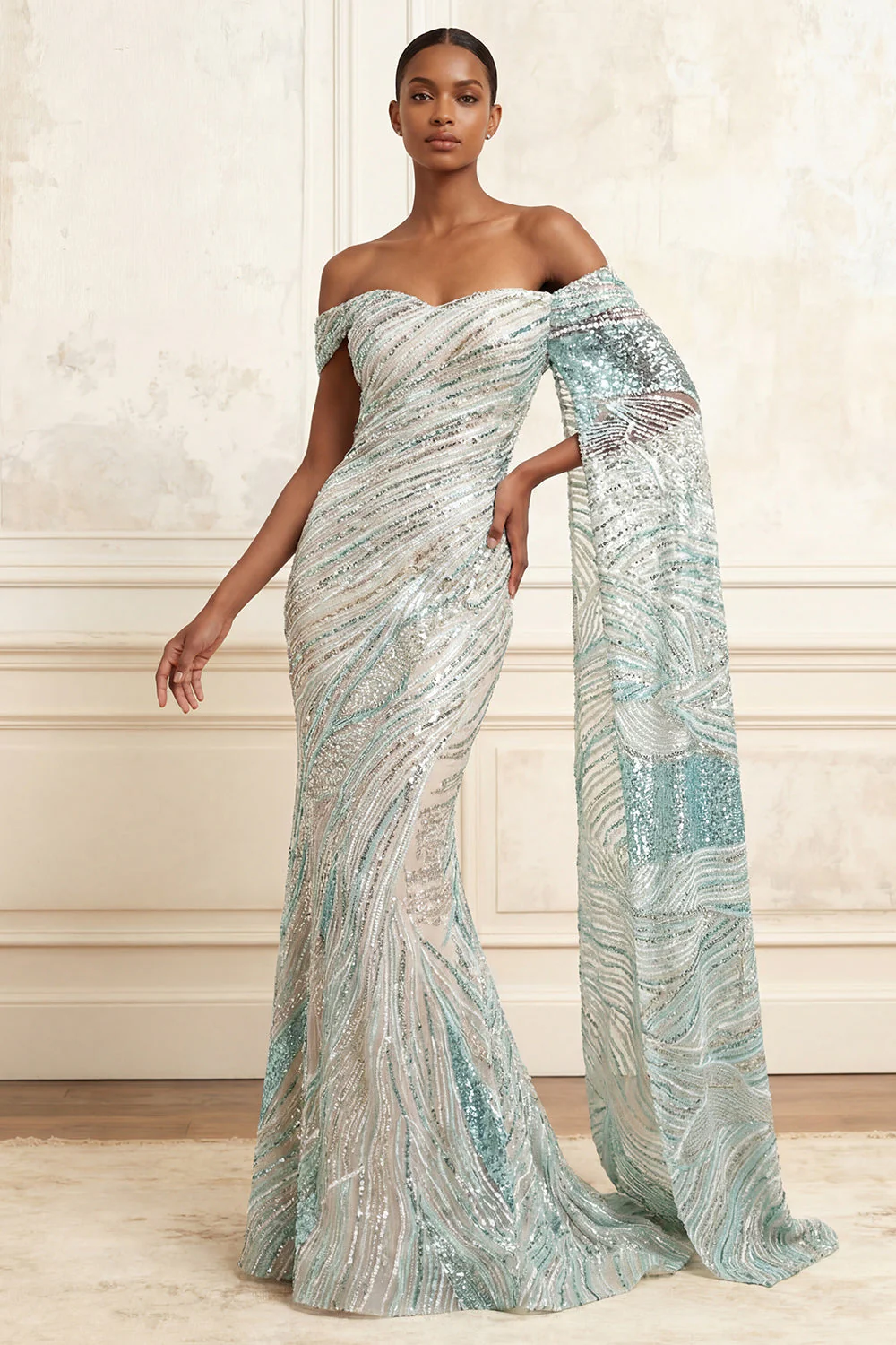 Sparkly Mermaid Blue Off the Shoulder Sequin Long Prom Dress with Side Cape