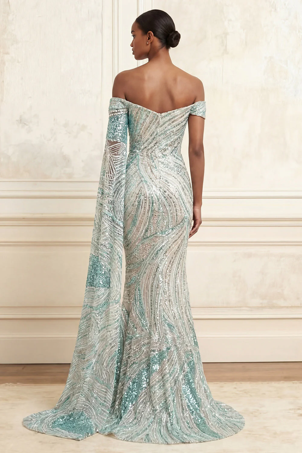 Sparkly Mermaid Blue Off the Shoulder Sequin Long Prom Dress with Side Cape - Image 2