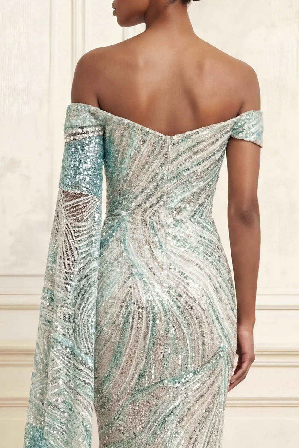 Sparkly Mermaid Blue Off the Shoulder Sequin Long Prom Dress with Side Cape - Image 4