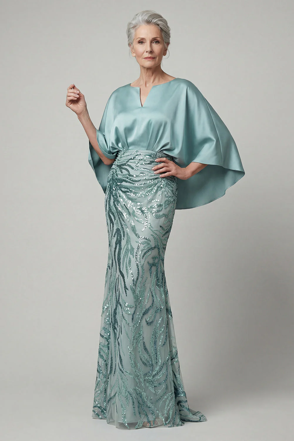 Sparkly Mermaid Blue Sequin Long Mother of the Bride Dress with 3/3 Sleeves