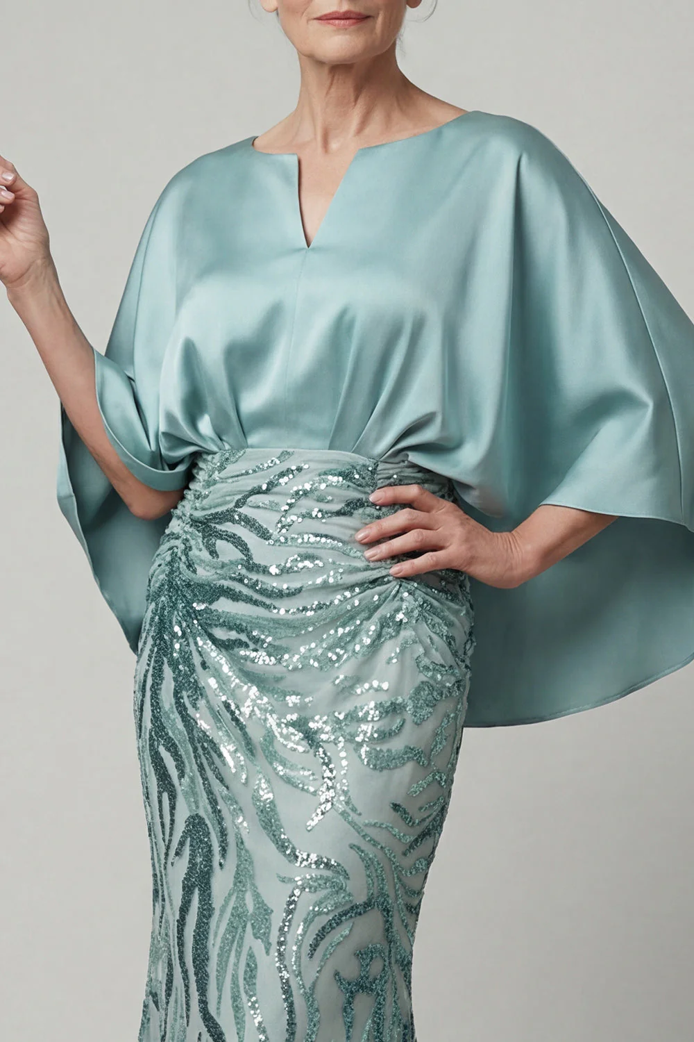 Sparkly Mermaid Blue Sequin Long Mother of the Bride Dress with 3/3 Sleeves - Image 3