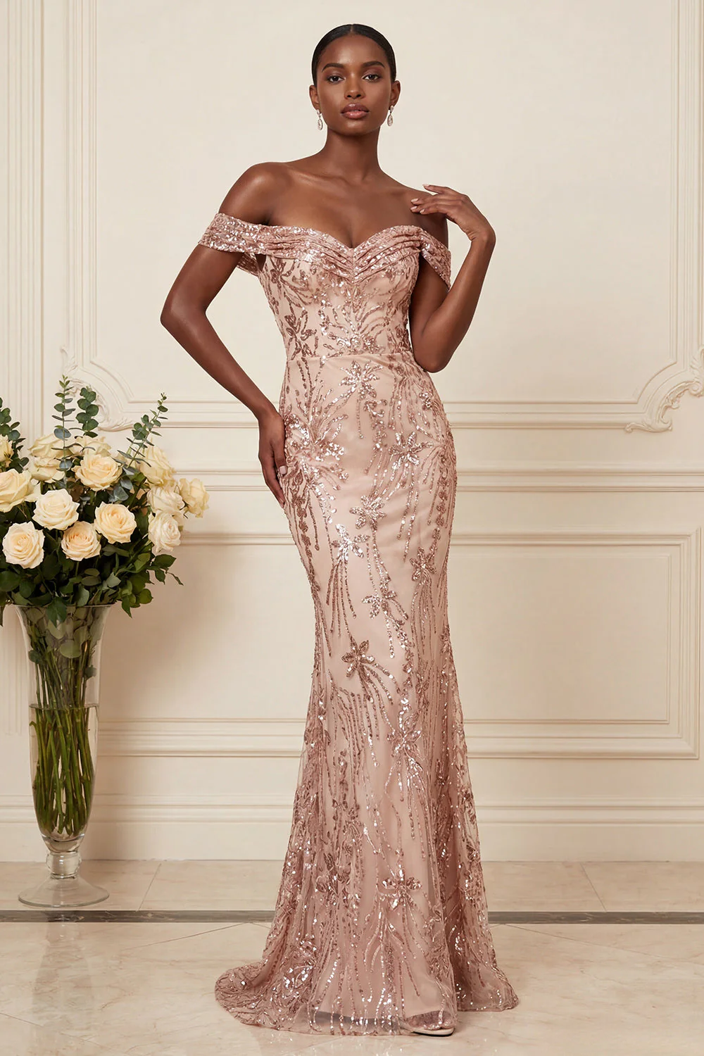 Sparkly Mermaid Blush Off the Shoulder Long Prom Dress with Sequins