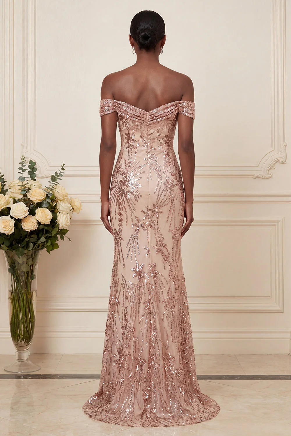 Sparkly Mermaid Blush Off the Shoulder Long Prom Dress with Sequins - Image 2