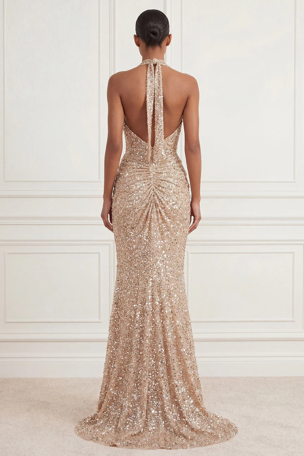 Mermaid Champagne Halter Ruched Sequin Long Prom Dress with Slit - Image 2