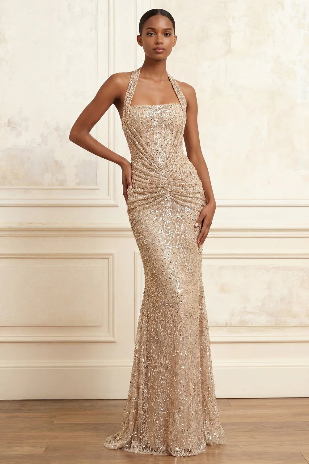 Champagne Mermaid Halter Neck Sequins Ruched Long Prom Dress