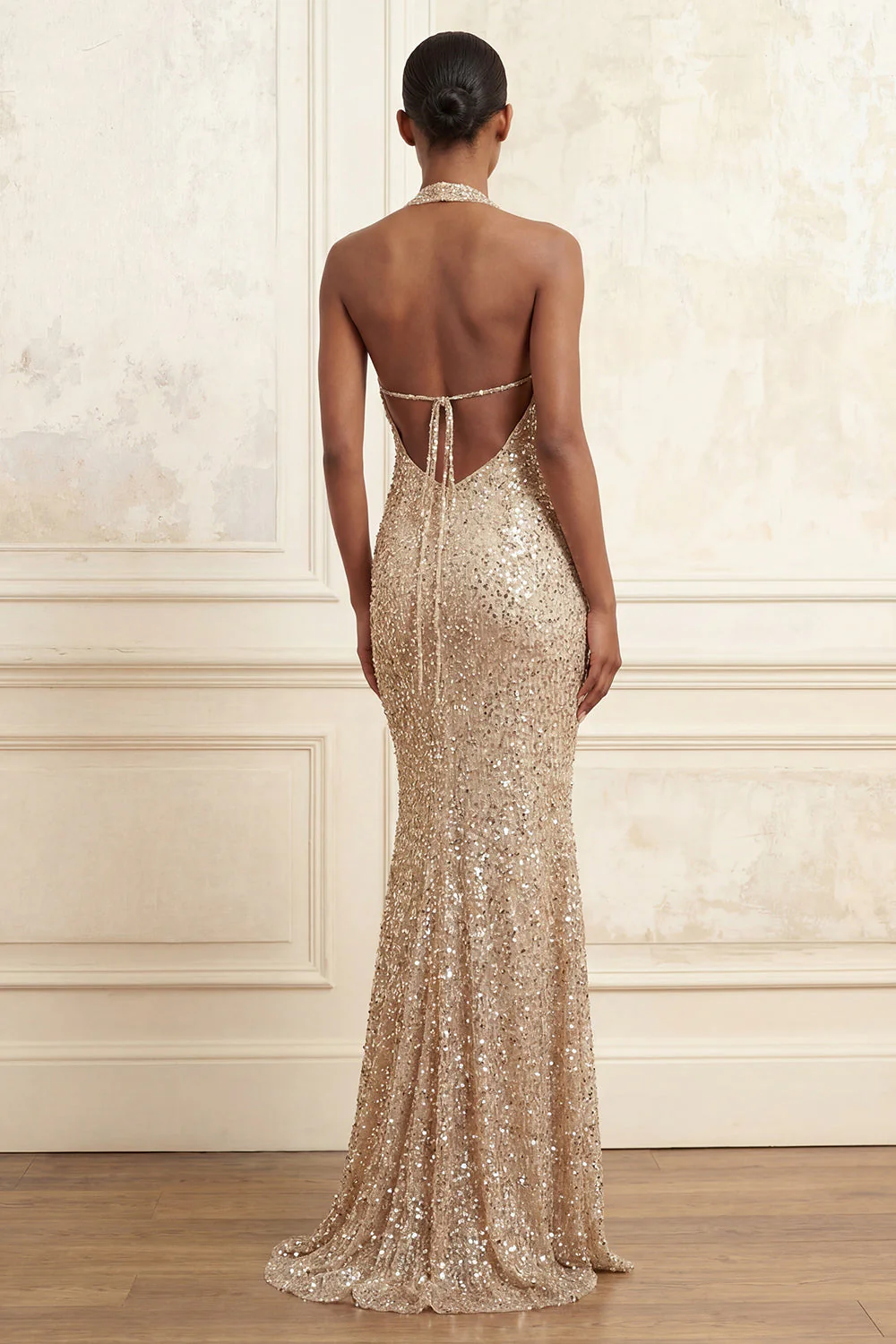 Champagne Mermaid Halter Neck Sequins Ruched Long Prom Dress - Image 2