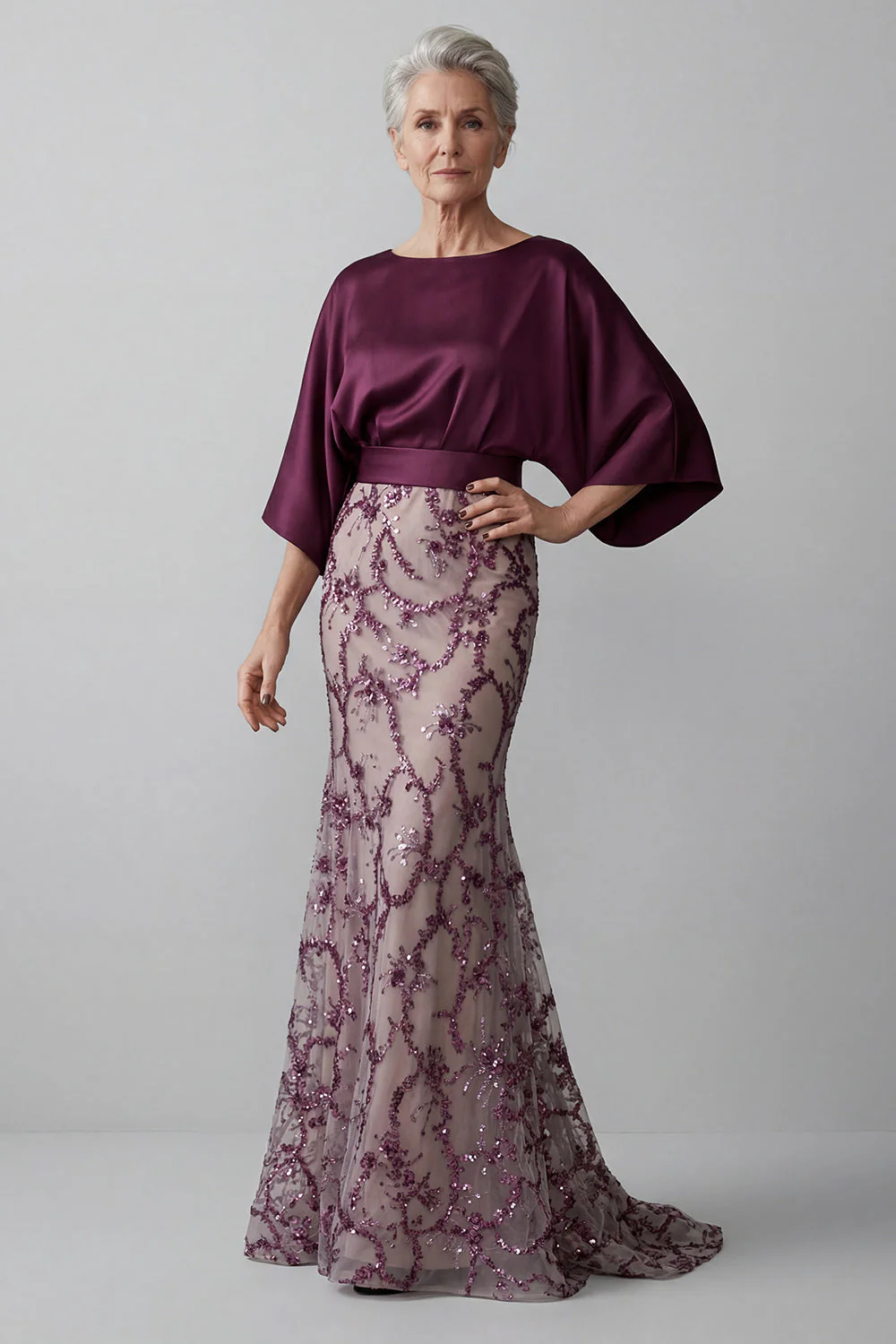 Sparkly Mermaid Dark Purple Sequin Long Boat Neck Mother of the Bride Dress
