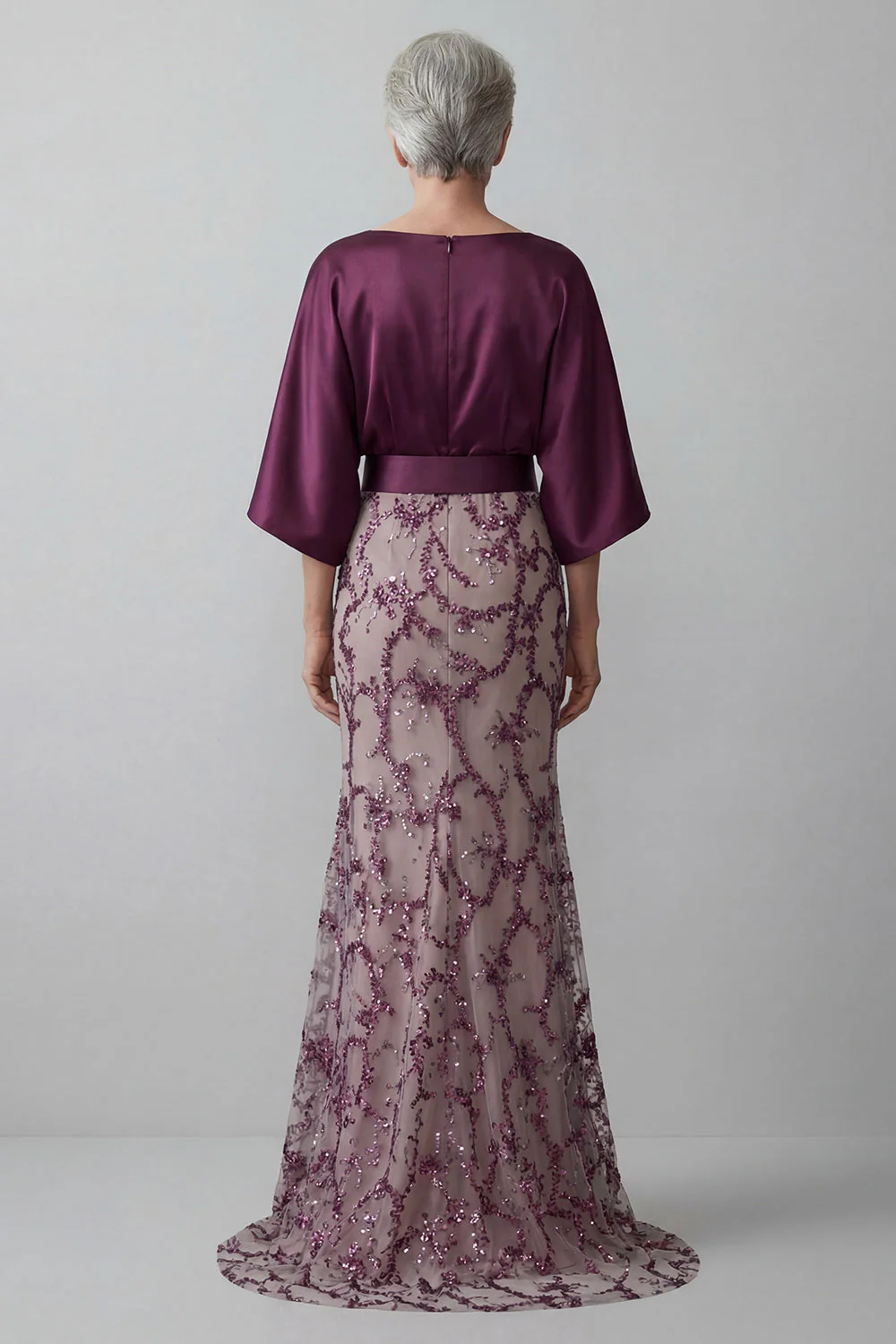 Sparkly Mermaid Dark Purple Sequin Long Boat Neck Mother of the Bride Dress - Image 2