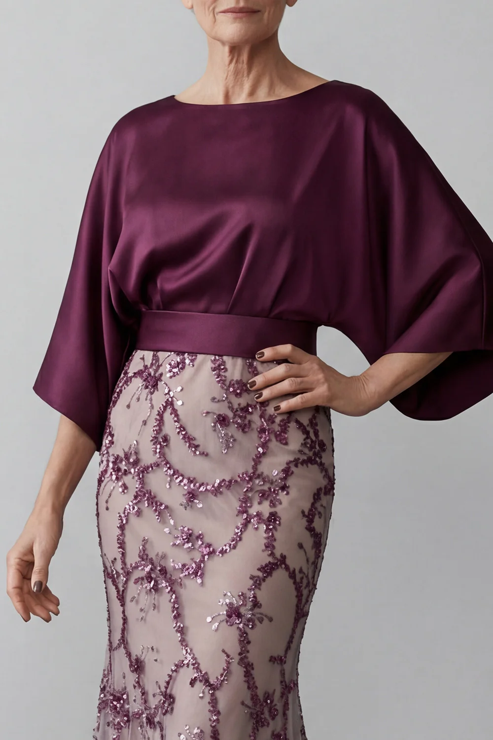 Sparkly Mermaid Dark Purple Sequin Long Boat Neck Mother of the Bride Dress - Image 3