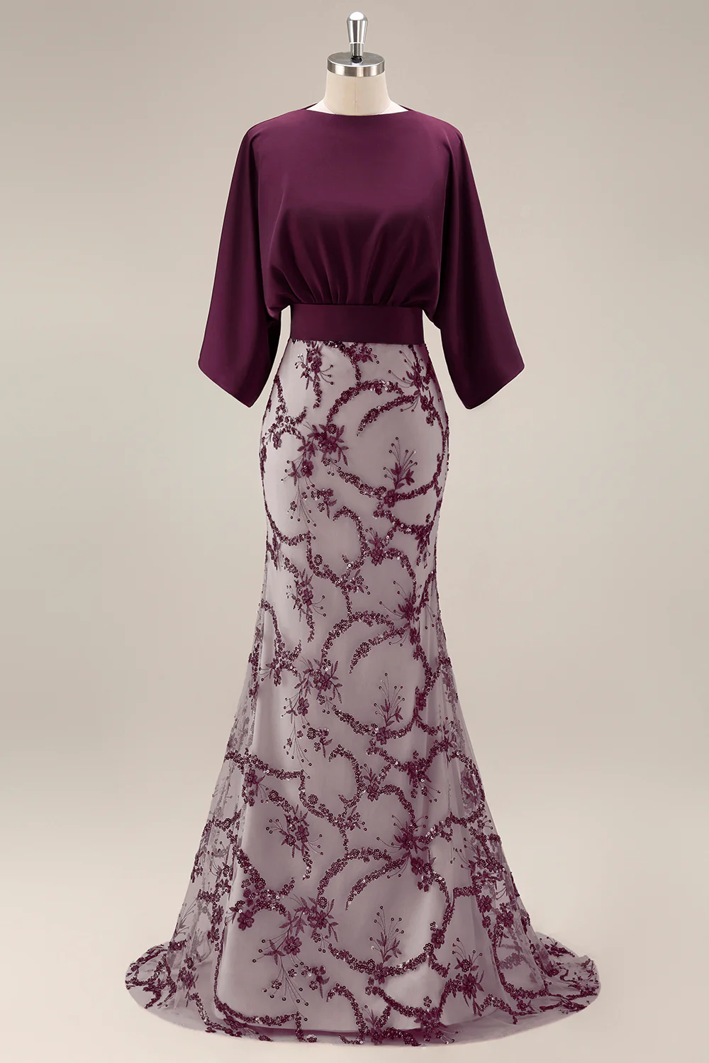Sparkly Mermaid Dark Purple Sequin Long Boat Neck Mother of the Bride Dress - Image 5