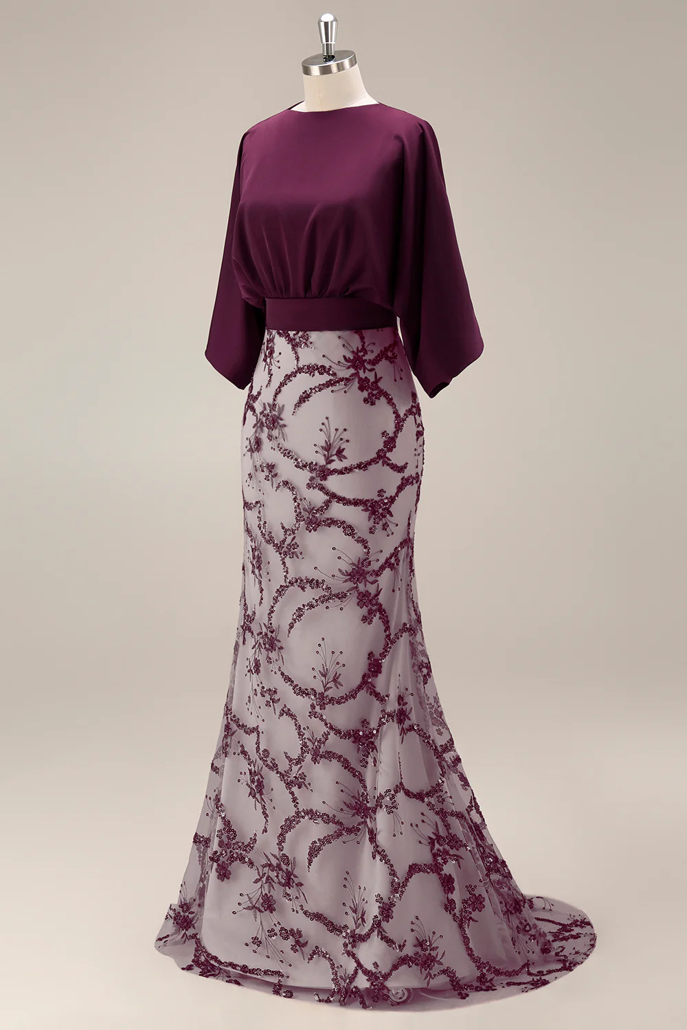 Sparkly Mermaid Dark Purple Sequin Long Boat Neck Mother of the Bride Dress - Image 7