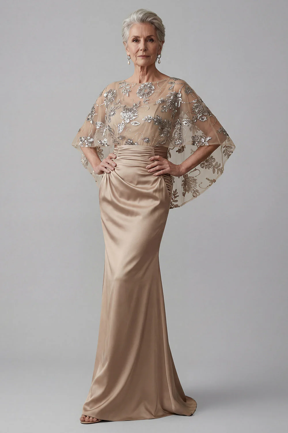 Sparkly Champagne Mermaid Floral Long Mother of the Bride Dress with Beading