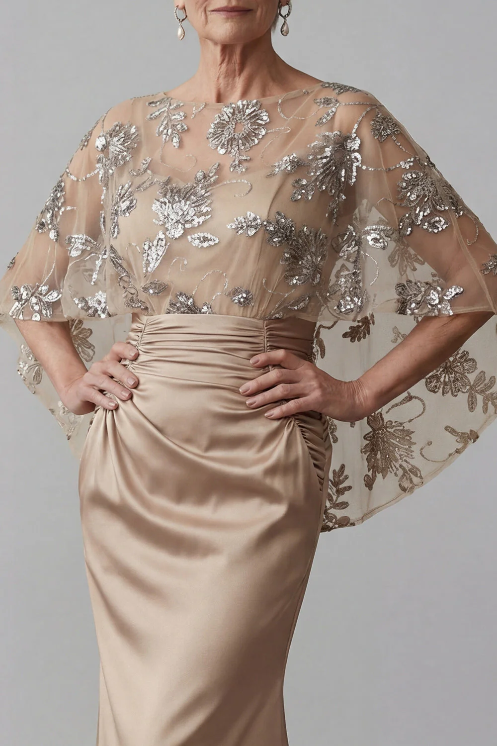 Sparkly Champagne Mermaid Floral Long Mother of the Bride Dress with Beading - Image 3