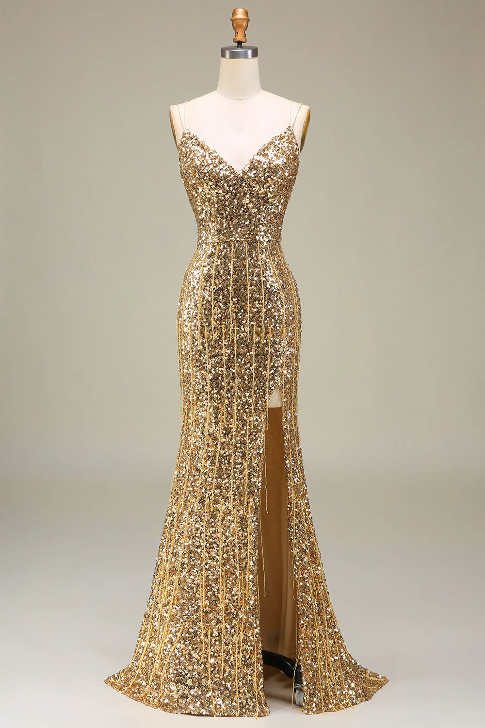 Sparkly Mermaid Golden Long Fringed Prom Dress with Slit - Image 3