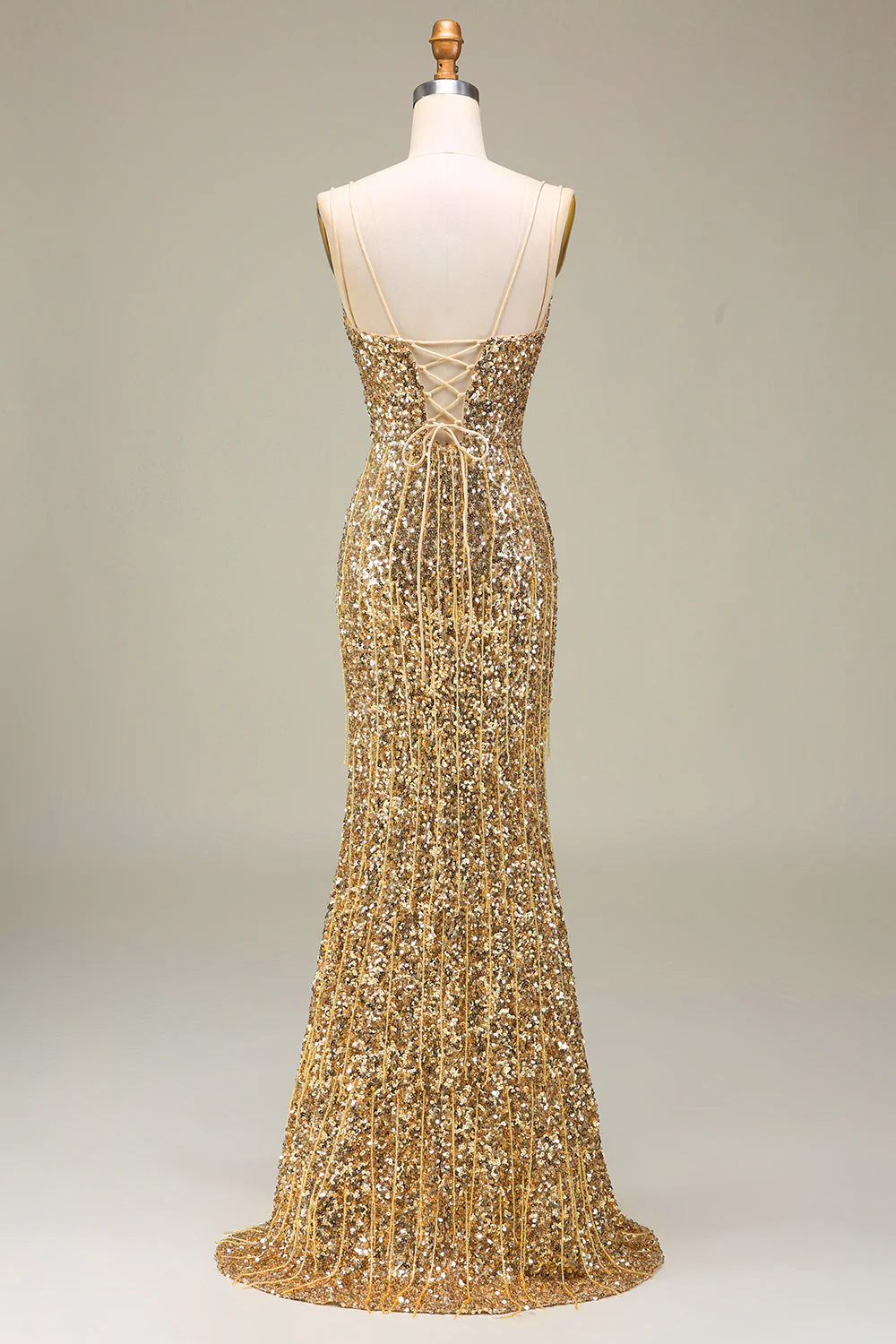 Sparkly Mermaid Golden Long Fringed Prom Dress with Slit - Image 4