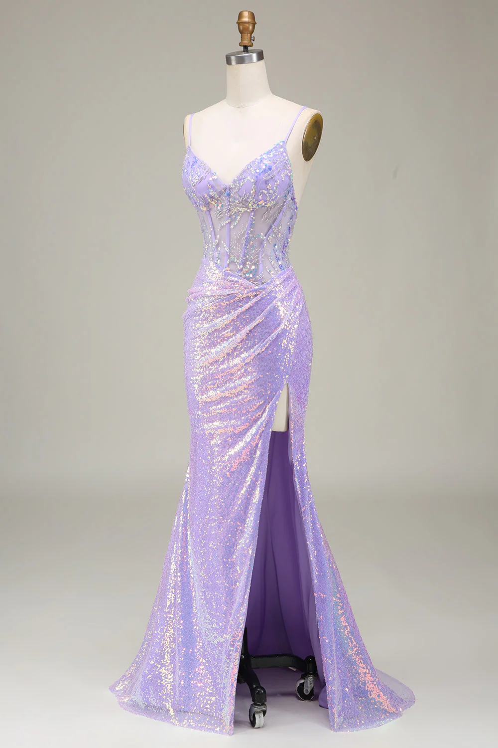 Sparkly Mermaid Light Purple Corset Prom Dress with Slit - Image 4