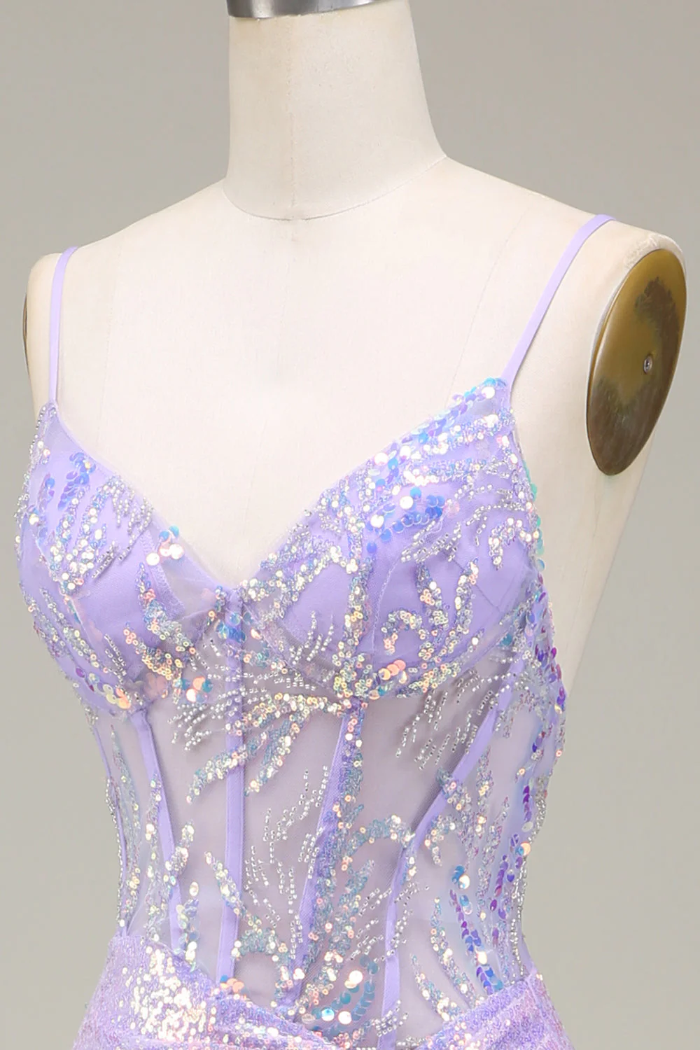 Sparkly Mermaid Light Purple Corset Prom Dress with Slit - Image 7