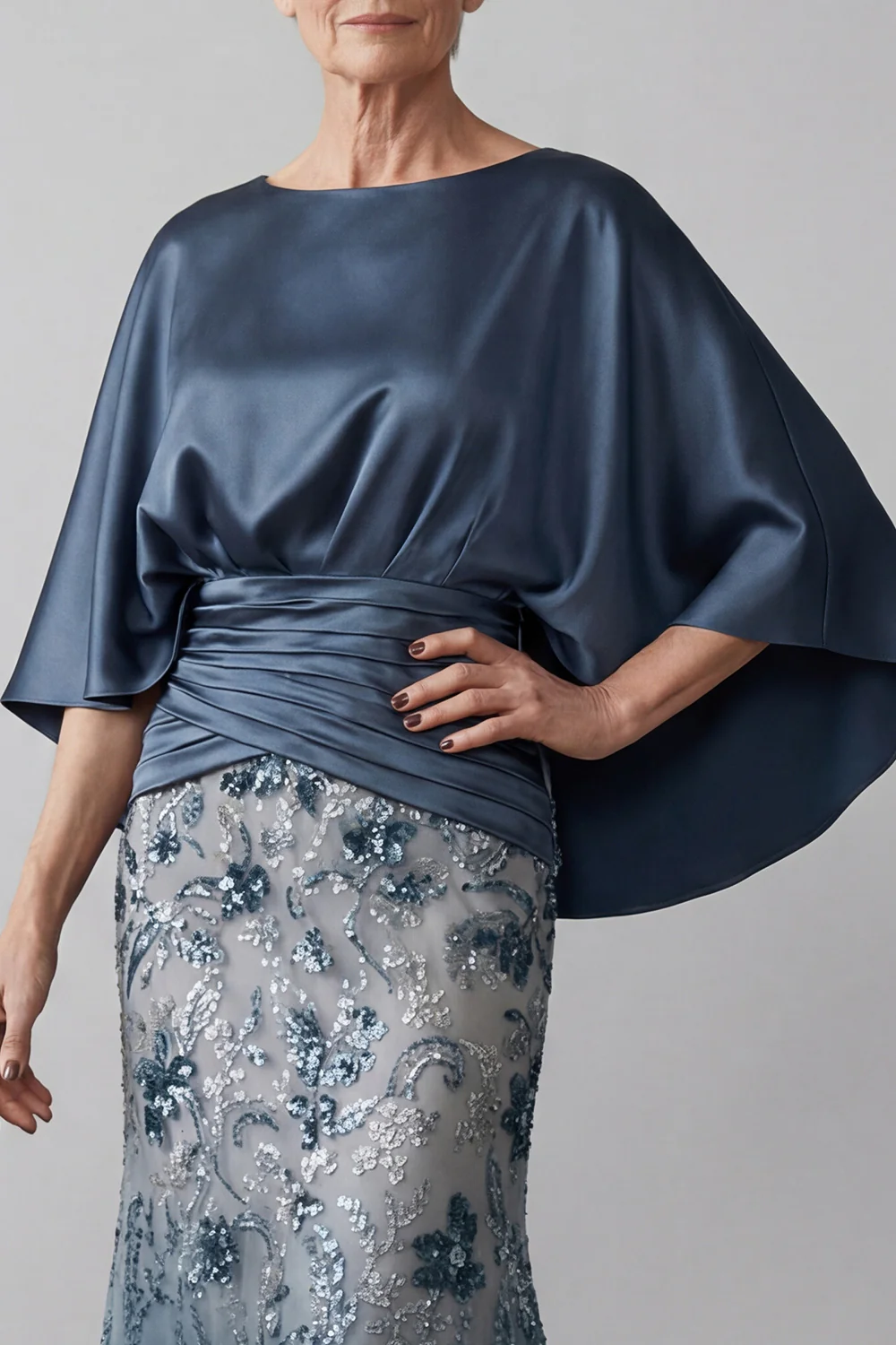 Sparkly Navy Mermaid Long Floral Sequin Mother of the Bride Dress - Image 3