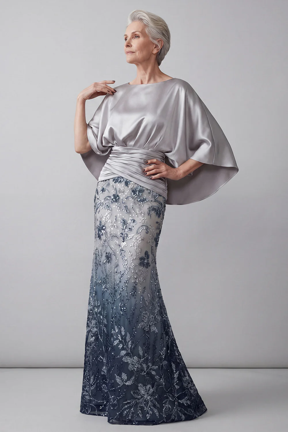 Sparkly Navy Mermaid Long Floral Sequin Mother of the Bride Dress - Image 5