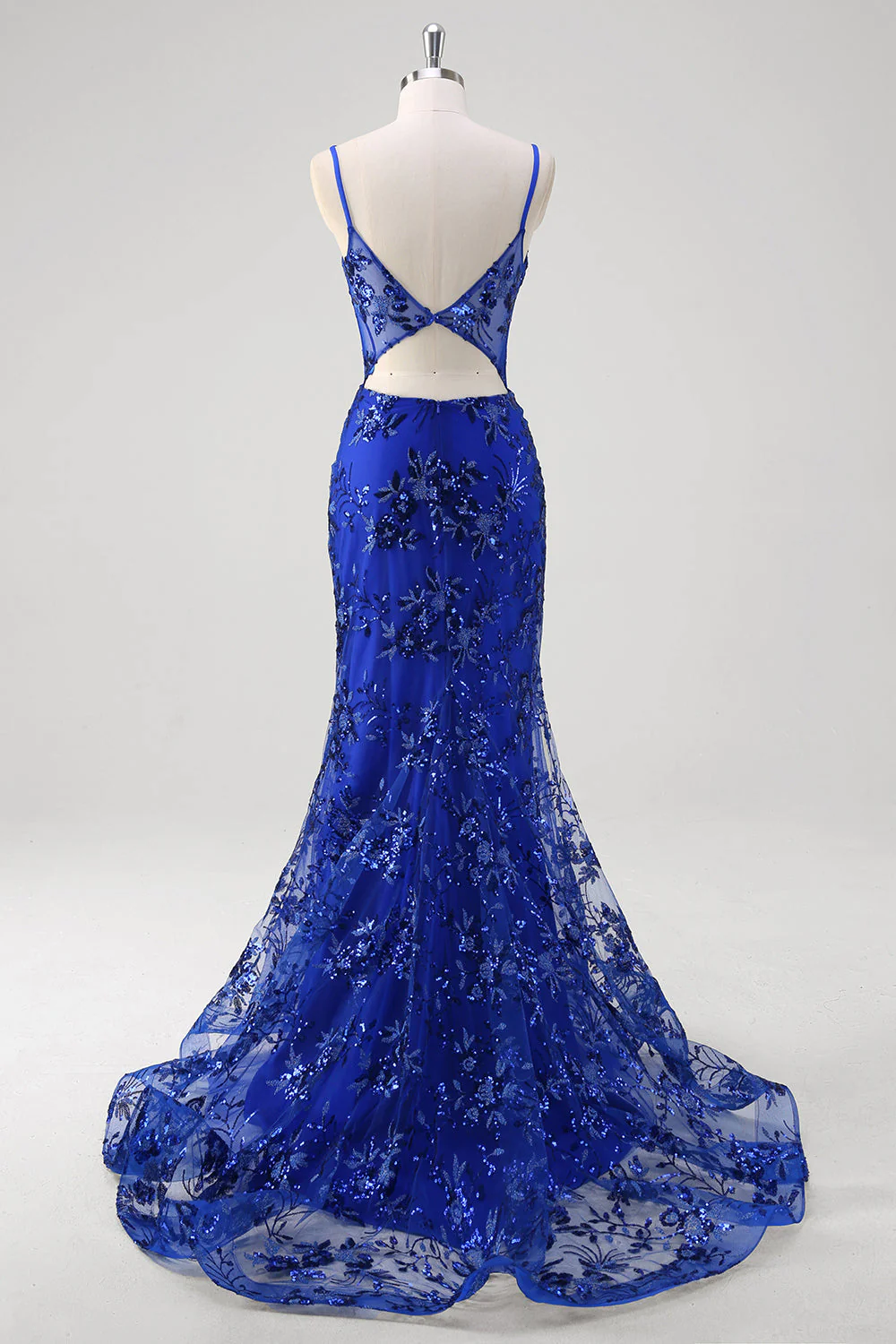 Sparkly Mermaid Royal Blue Spaghetti Straps Corset Sequin Long Prom Dress with Embroidery - Image 10