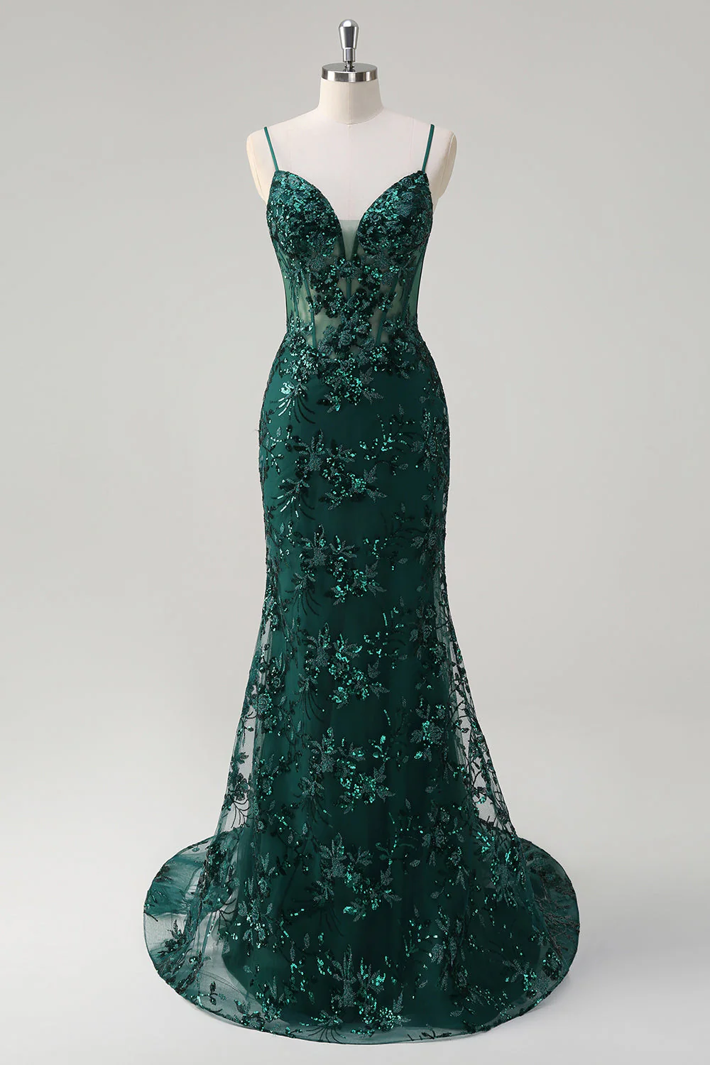 Sparkly Mermaid Royal Blue Spaghetti Straps Corset Sequin Long Prom Dress with Embroidery - Image 11