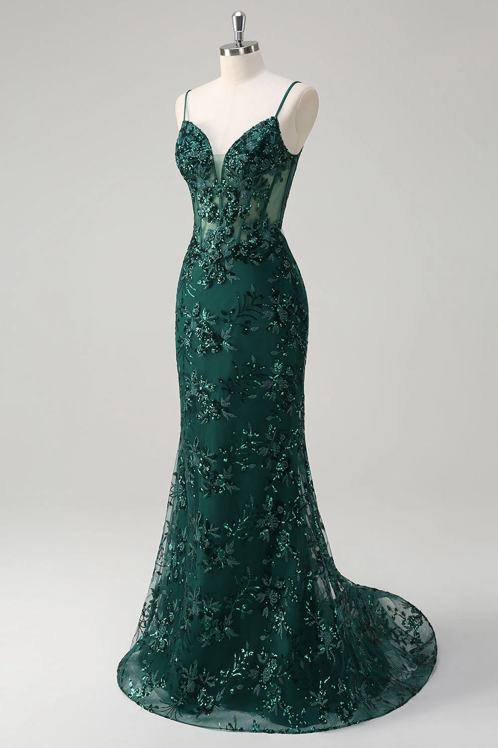 Sparkly Mermaid Royal Blue Spaghetti Straps Corset Sequin Long Prom Dress with Embroidery - Image 13