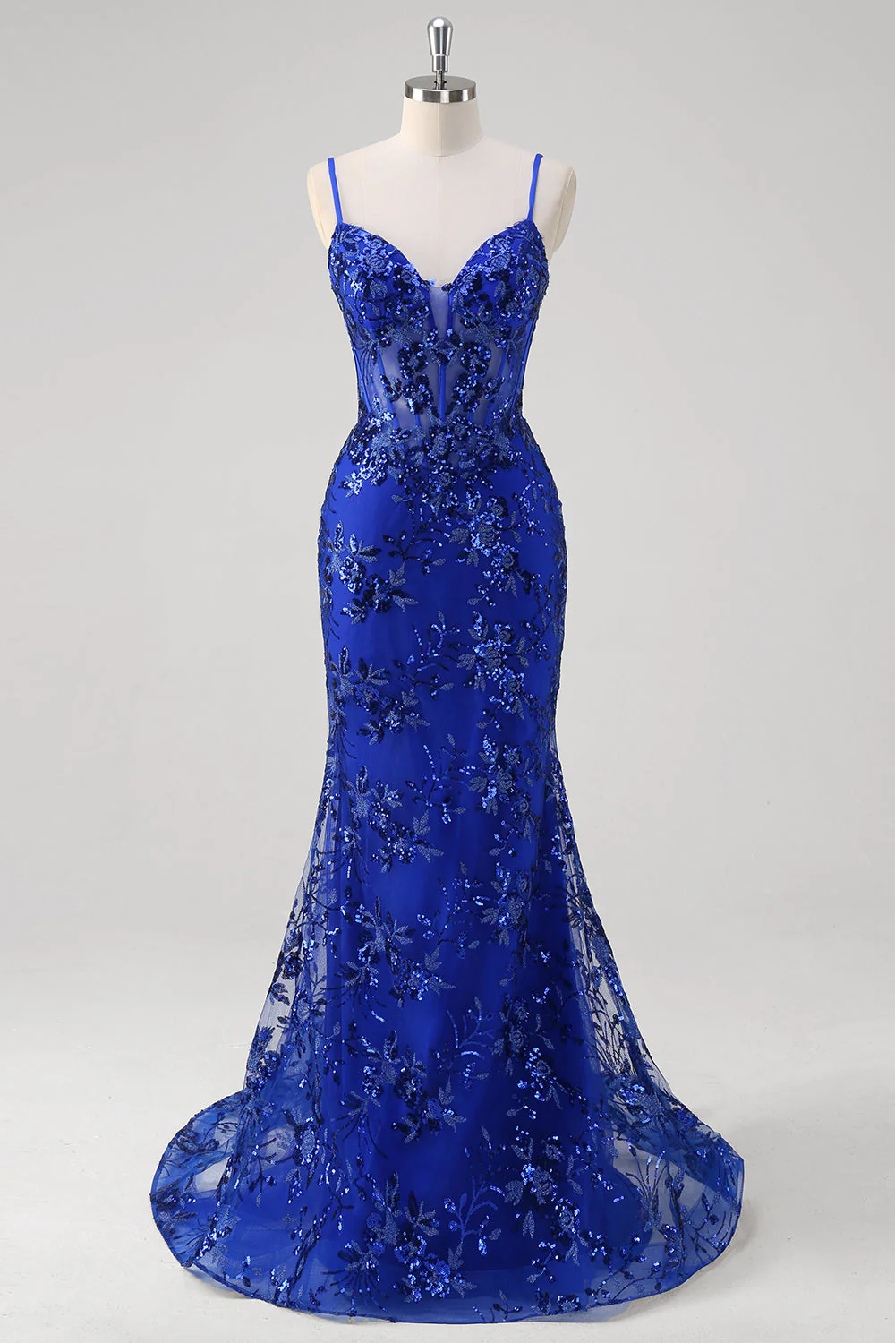 Sparkly Mermaid Royal Blue Spaghetti Straps Corset Sequin Long Prom Dress with Embroidery - Image 9
