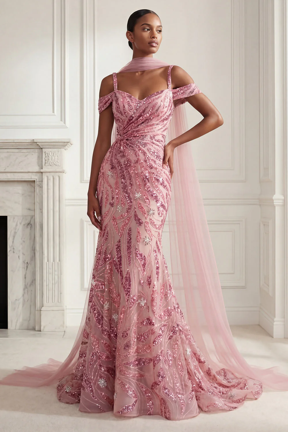 Sparkly Pink Mermaid Cold Shoulder Sequin Long Prom Dress with a Neck Scarf